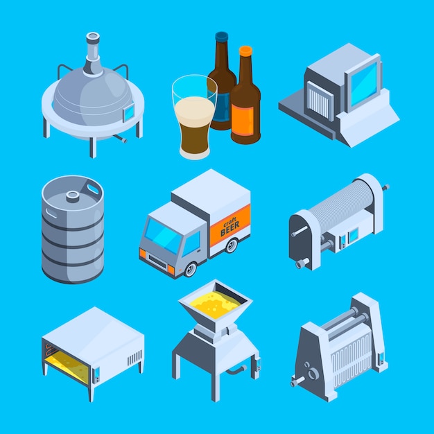 Producción de cerveza isométrica. cervecería de herramientas