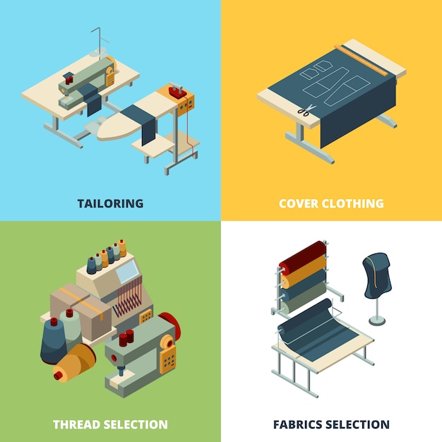 Producción de costura. El concepto de fabricación textil representa máquinas de coser industriales isométricas