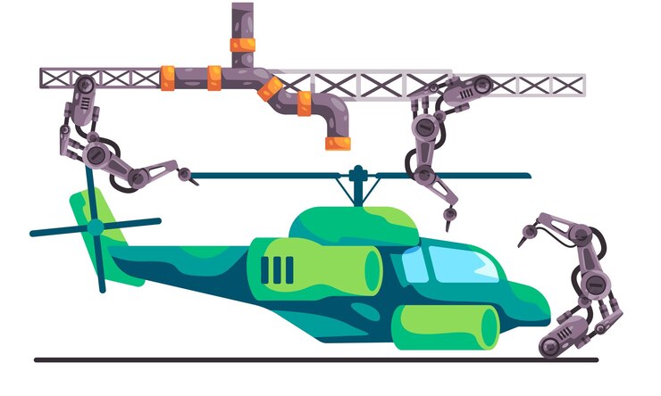 Vector producción de líneas de producción robóticas de brazo mecánico para el ensamblaje de helicópteros y aeronaves