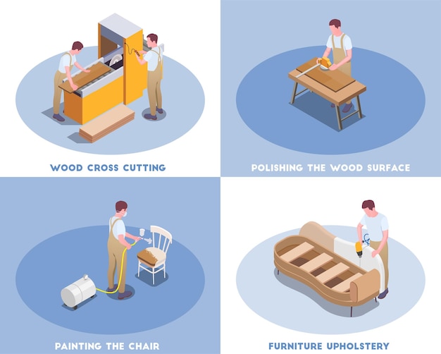 Producción de muebles por concepto de artesano ilustración isométrica