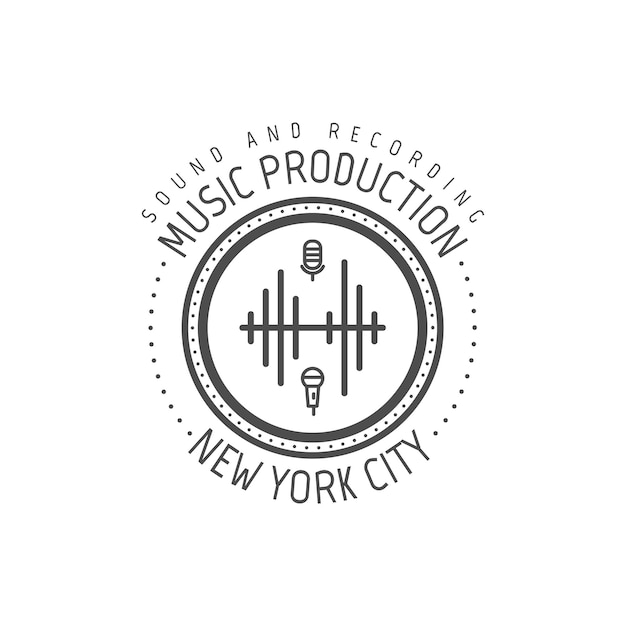 Producción musical. etiqueta de vector de la ciudad de nueva york, insignia, logo emblema con instrumento musical. ilustración vectorial de stock aislada sobre fondo blanco.