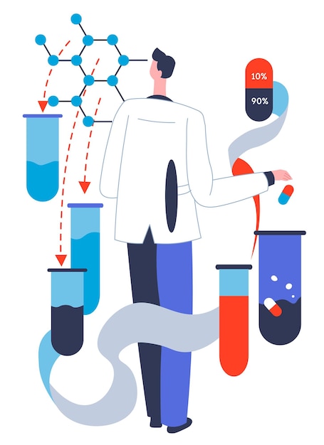 Producción de nuevos medicamentos, píldoras y cápsulas. Investigador con sustancias en laboratorio realizando experimentos. Vector de farmacología e industria farmacéutica, salud y tratamiento en plano.