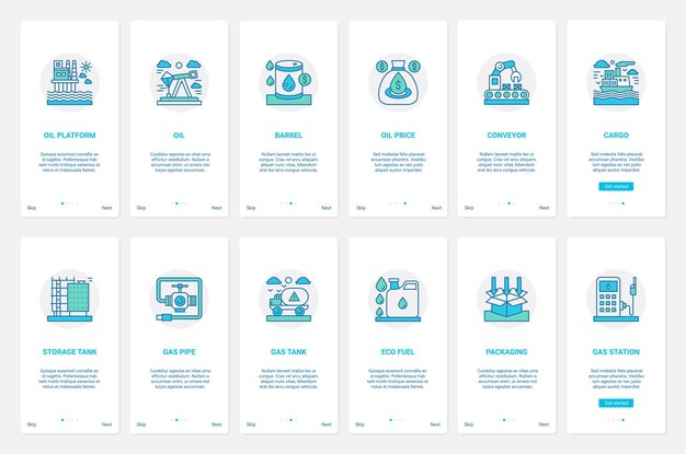 Producción de petróleo transporte almacenamiento UX UI onboarding página de pantalla de la aplicación móvil