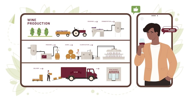 Producción de vino en bodegas infográfica proceso de elaboración industrial del vino en embotellado en fábrica