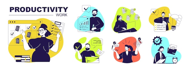 Productivity work concept set for web design Collection with people planning and organizing schedule lists doing work tasks to deadline using multitasking in workflow process Vector illustration