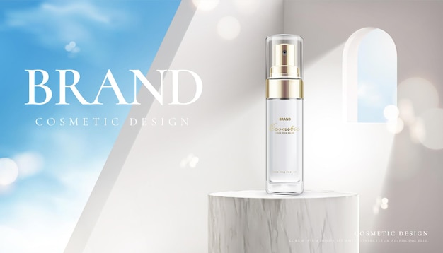 Producto de belleza en el escenario de mármol con un sol que entra por una ventana anuncio de crema cosmética de marca