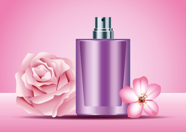 Producto de botella de spray para el cuidado de la piel púrpura con ilustración de flores rosadas