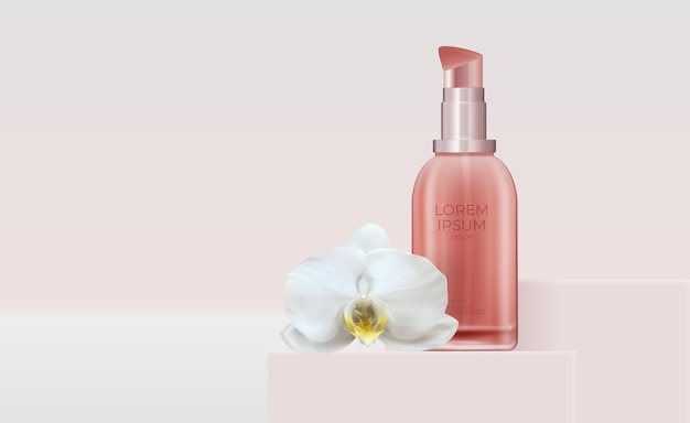 Producto cosmético de belleza natural realista 3D para el cuidado facial con flor de orquídea
