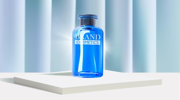Producto cosmético en el escenario con maqueta de plantilla de póster de loción corporal de cortina azul