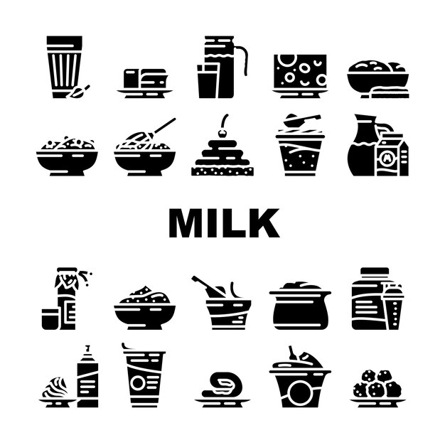 Producto lácteo alimentos lácteos yogur iconos conjunto vector bebida saludable blanco crema orgánico queso botella nutrición fresca granja vidrio vaca leche producto lácteos alimentos yogur glifo pictograma Ilustraciones