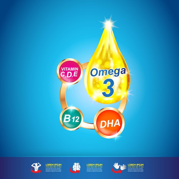 Producto con logotipo de vitamina y nutrición omega para niños.