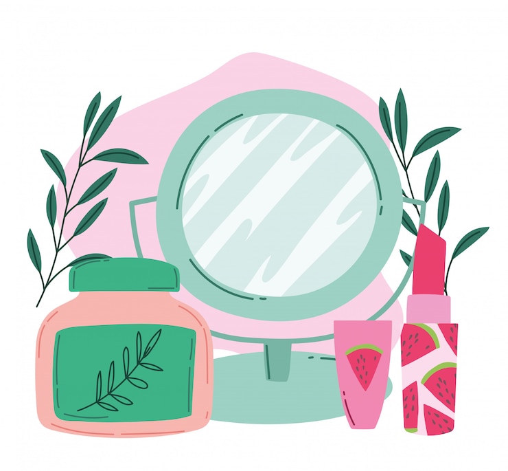 Vector producto de maquillaje moda belleza espejo lápiz labial e hidratación crema cosmética ilustración