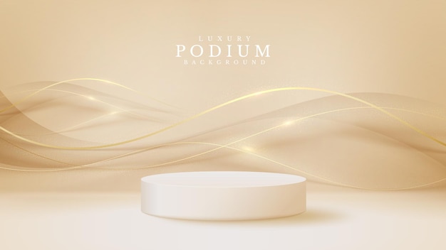 Producto de pantalla de podio blanco y elemento de línea de curva dorada brillante, fondo de estilo de lujo 3d realista, ilustración vectorial para promover las ventas y el marketing.