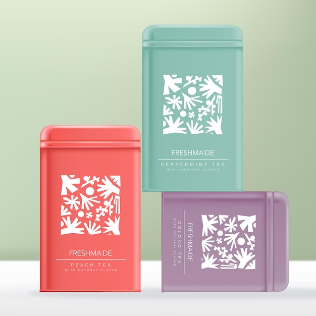 Producto de té Acero Aluminio o envase de lata en colores rosa violeta y menta con estampado abstracto