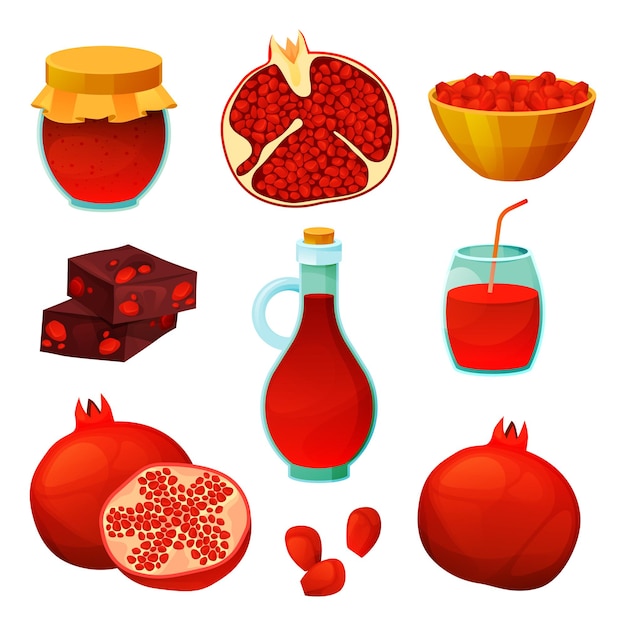 Productos alimenticios de frutas de granada, jugos frescos y postres dulces.