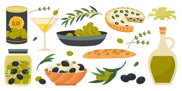 Productos a base de aceite de oliva envasados con una jarra de vidrio, una lata de lata, un baguete, una quiche, ramas de oliva, un martini, un queso feta.