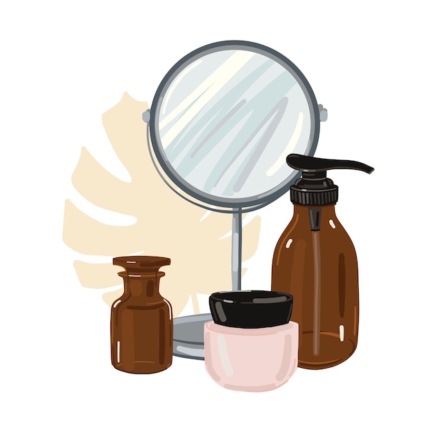 Productos de belleza y espejo, ilustración vectorial. mesa de noche, espejo de mano, crema facial. kit de cuidado personal