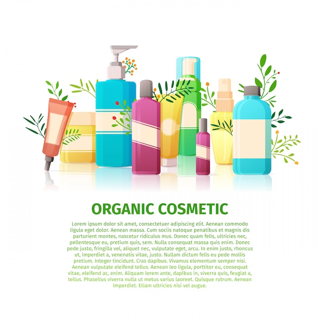Productos de belleza natural para la piel Plantilla. Botellas cosméticas con elementos florales y vegetales.