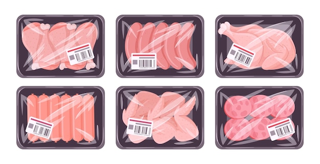 Productos de carne congelados Carne cruda en envases de plástico al vacío pollo y salchichas envasados con un conjunto de ilustraciones de vector plano de polietileno Carne de dibujos animados en bandejas de plástico