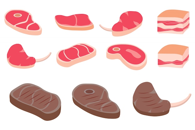 Productos de carne fresca, carnicería. Carne fresca y frita. Una colección de filetes fritos. Rebanada de carne Solomillo de ternera. Chuleta de cerdo cruda. Codillo de cerdo. Ilustración en un estilo plano.