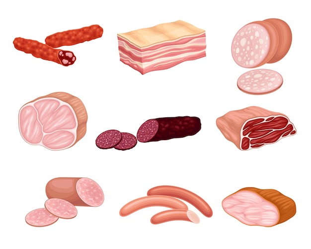 Vector productos de carne con salami, tocino y salchichas