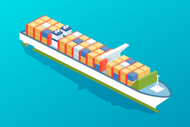 Productos comerciales buque de carga Barco marítimo barco grande con carga a bordo Transporte para viaje viaje viaje de vacaciones entrega de productos de barco de contenedores de carga Vector isométrico