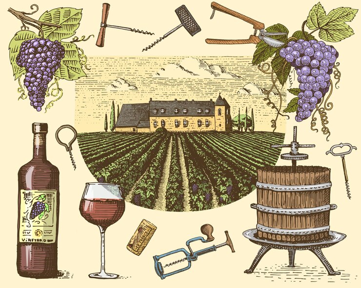 Vector productos de cosecha de vino prensa uvas viñedos sacacorchos vasos botellas en estilo vintage grabado dibujado a mano