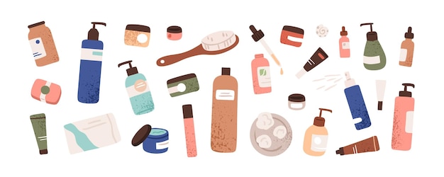 Vector productos cosméticos de belleza en botellas, frascos. esencias de higiene corporal, facial y para el cuidado de la piel. crema, loción, champú para el cabello, gel de ducha, jabón. ilustraciones de vectores gráficos planos aisladas sobre fondo blanco