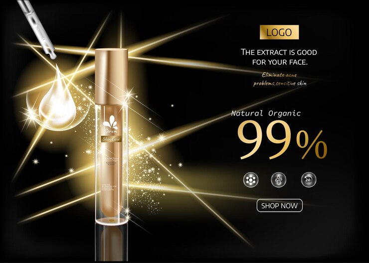 Productos cosméticos con composición de colección de lujo dorado sobre fondo de efecto de luz borrosa negro