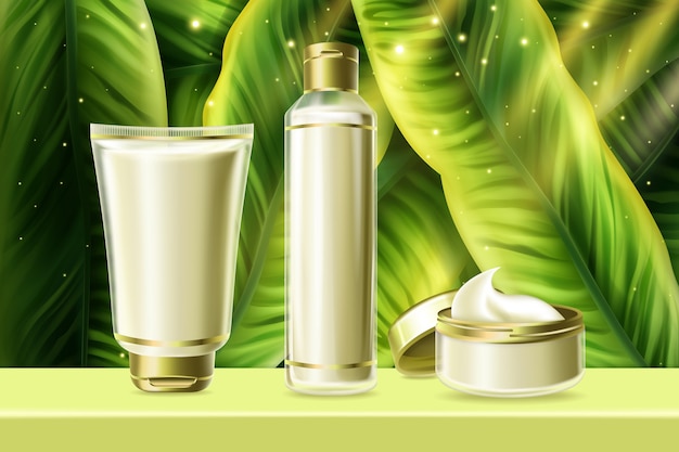 Vector productos cosméticos para el cuidado de la piel, exóticos productos de crema a base de hierbas de verano tropical para la piel del cuerpo o la cara