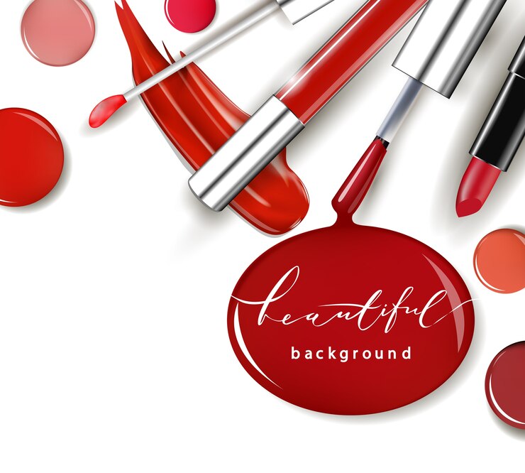 Vector productos cosméticos y de moda: pintalabios, brillo ip, esmalte de uñas.