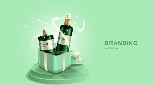 Productos cosméticos o para el cuidado de la piel. botella y caja de regalo con fondo verde.