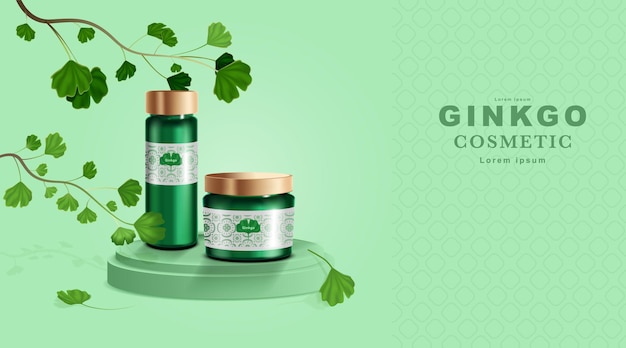 Productos cosméticos o para el cuidado de la piel. Maqueta de botella y hojas de ginkgo