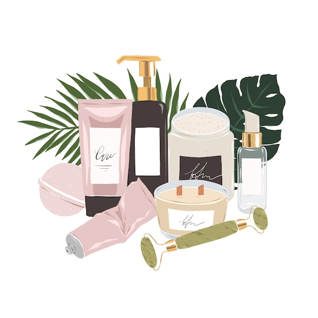 Vector productos para el cuidado de la piel cosméticos tratamientos de belleza rodillo facial crema hidratante suero velas perfumadas
