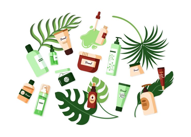 Vector productos para el cuidado de la piel cuidado de la belleza botellas de champú dispensador de jabón para la piel vial de loción o suero tubo de pasta de dientes aceite orgánico crema hidratante hojas de palma conjunto de cosméticos de dibujos animados vectoriales