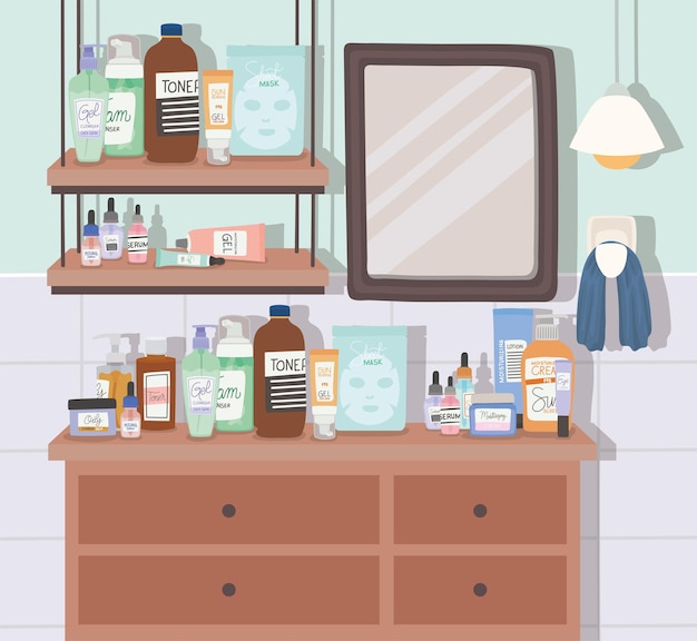 Productos para el cuidado de la piel y espejo en una ilustración de baño.