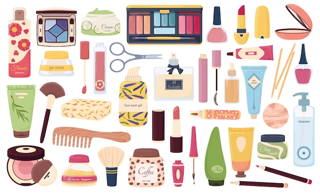 Productos para el cuidado de la piel y maquillaje botellas cosméticas crema para los ojos suero sombra de ojos lápiz labial cosméticos decorativos producto de belleza vector conjunto Ilustración de belleza y cuidado cosmético