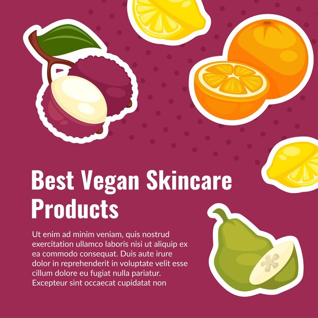 Productos para el cuidado de la piel veganos, la mejor cosmética con ingredientes naturales y orgánicos. vitaminas y elementos de pera y naranja. banner promocional, publicidad o presentación de comida saludable. vector en estilo plano