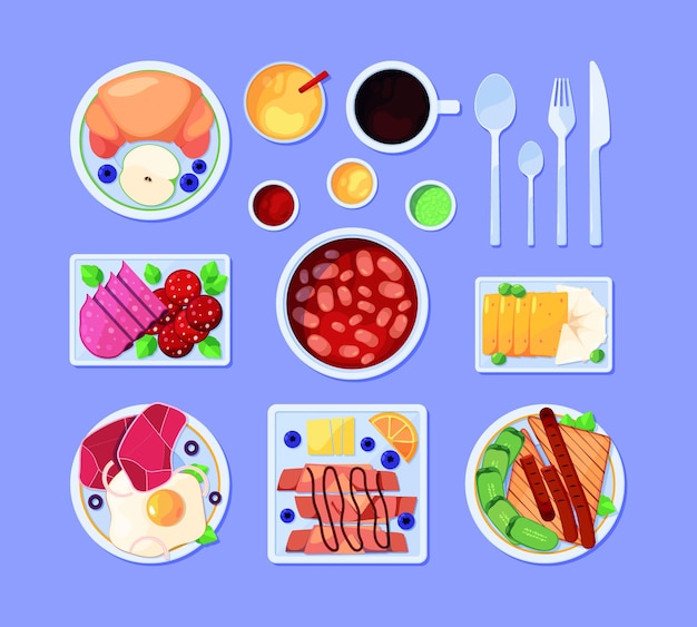 Vector productos de desayuno vista superior de alimentos en platos de restaurante bebidas y productos de aperitivos huevos verduras panqueques comida pan colección de ilustraciones de vectores chillones