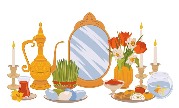 Vector productos para el día internacional de navruz el año nuevo iraní es un día sagrado y una fiesta religiosa de los zoroastrianos y bahais espejo hierba verde dulces velas vinagre flores vector plano