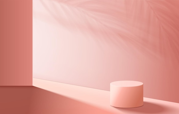 Los productos de fondo 3D muestran una escena de podio con una plataforma geométrica de hoja verde. render 3d de vector de fondo con podio. Stand para mostrar productos cosméticos. Escaparate de escenario en pedestal display pink studio
