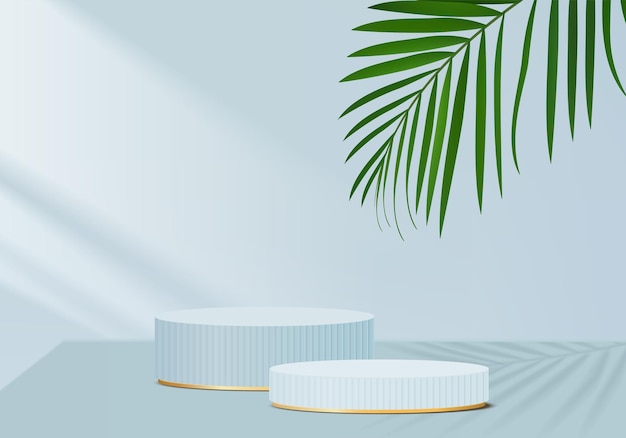 Los productos de fondo muestran la escena del podio con una plataforma geométrica de hoja verde. render de fondo con podio. Stand para mostrar productos cosméticos. Escaparate de escenario en pedestal display blue studio