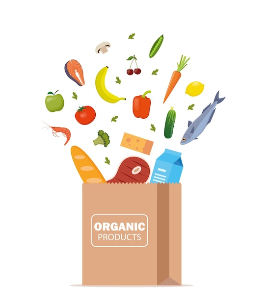 Los productos frescos y saludables se colocan en una bolsa de papel. alimentos orgánicos de la granja.