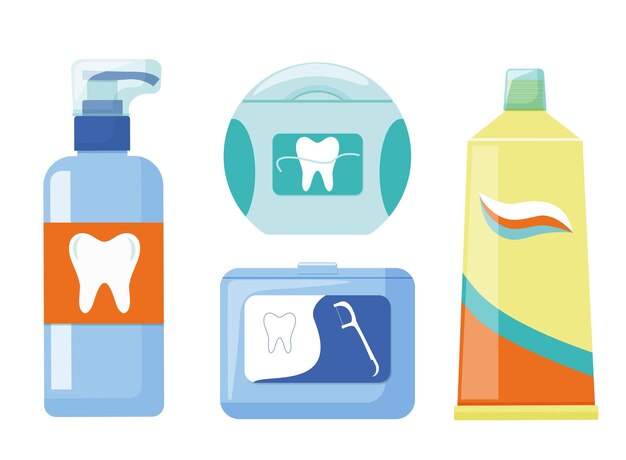 Productos de higiene bucal, pasta de dientes, hilo dental y palillo. Vector