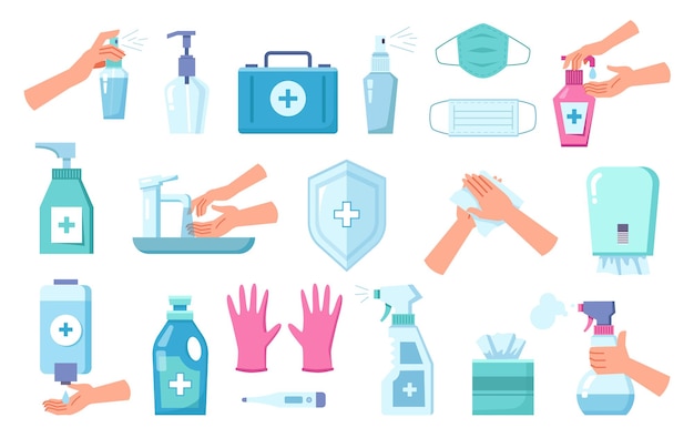 Vector productos de higiene y protección personal aislados. set de limpieza y desinfección