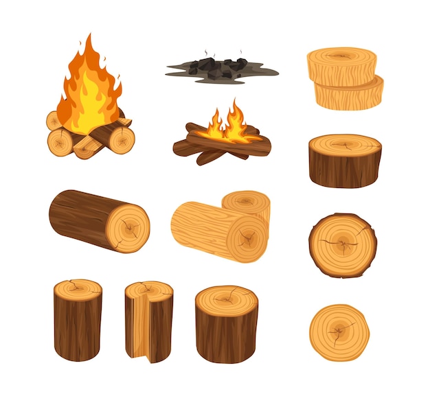Vector productos de la industria de la madera troncos de árboles corteza ramas tablones cofre virutas leña tableros