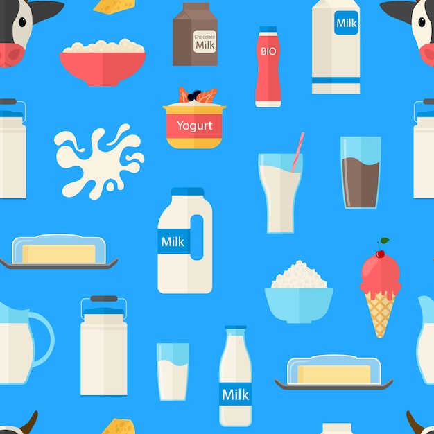 Productos lácteos de color de dibujos animados Fondo de patrones sin fisuras Concepto lácteo Estilo de diseño plano Incluye botella Yogur Queso y ilustración vectorial Splash