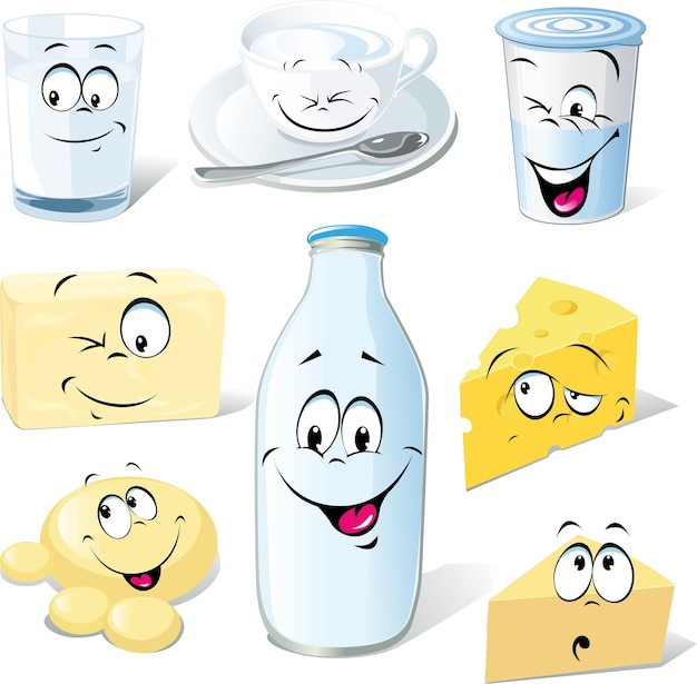 Productos lácteos dibujos animados leche quesos mantequilla y yogur