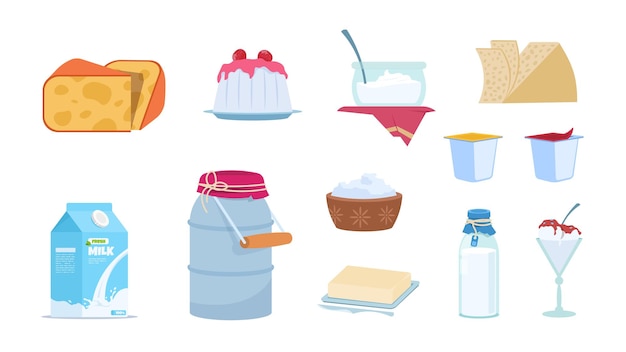 Productos lácteos. Envases de leche blanca, rebanadas de queso, bloque de mantequilla, tazones de yogur y helado. Vector conjunto ilustración aislada de productos lácteos de dibujos animados