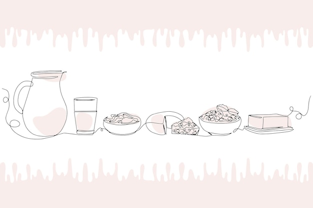 Productos lácteos en estilo de dibujo de línea continua Leche crema agria queso cottage queso mantequilla boceto lineal negro aislado sobre un fondo blanco Ilustración vectorial